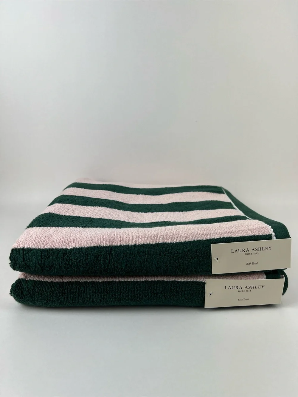 Laura Ashley Bath Towels Sunshine Stripe Pink Dark Green Soft Cotton 2 Pc NEW